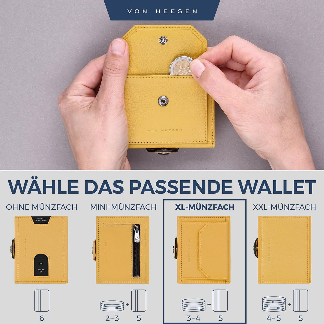 VON HEESEN Slim Wallet mit XL Münzfach &amp; RFID Schutz - Leder Geldbörse Herren klein - Mini Geldbeute