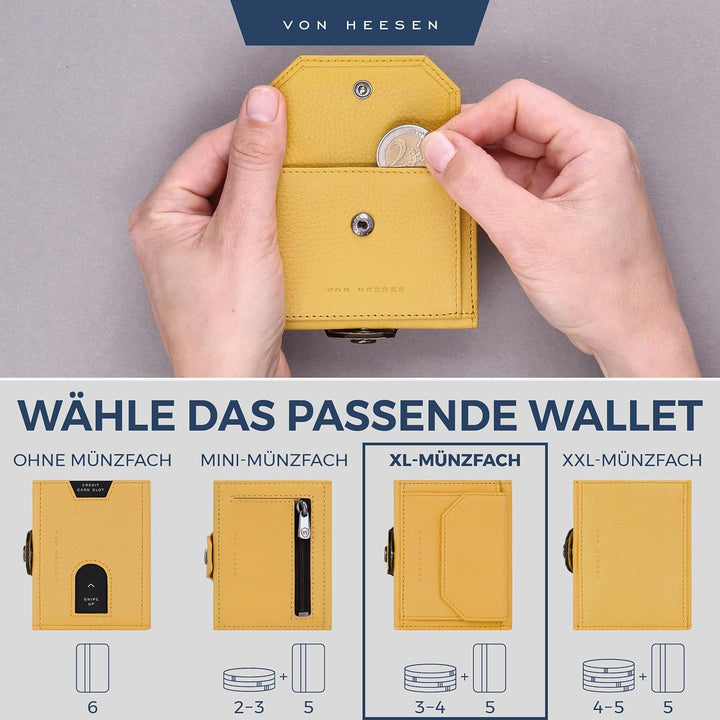 VON HEESEN Slim Wallet mit XL Münzfach &amp; RFID Schutz - Leder Geldbörse Herren klein - Mini Geldbeute