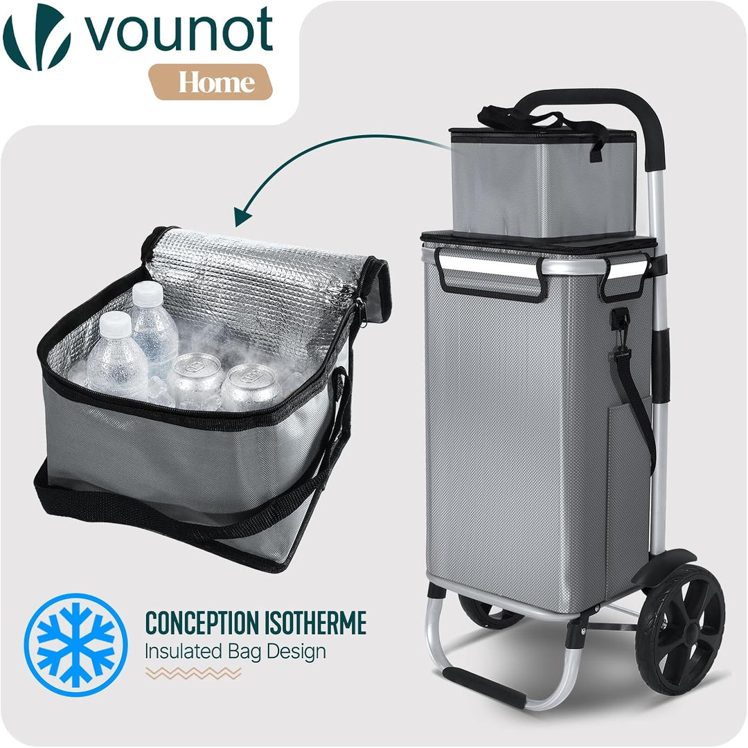 VOUNOT Einkaufstrolley Klappbar aus Aluminium mit 50L Wasserdichter Tasche und Kühlfach, 2 Extra gro
