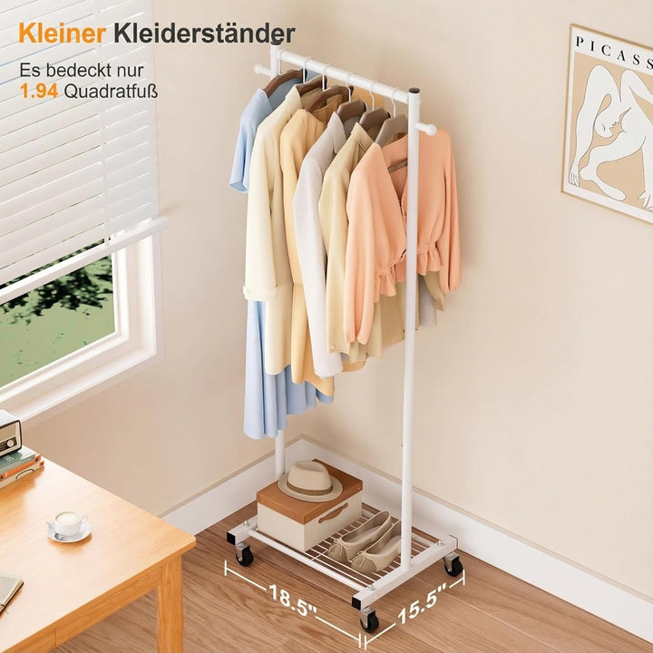 MISSLO Kleine Kleiderständer auf Rollen, Schmal Kleiderstange mit Ablagen, 152 cm Metall Garderobens