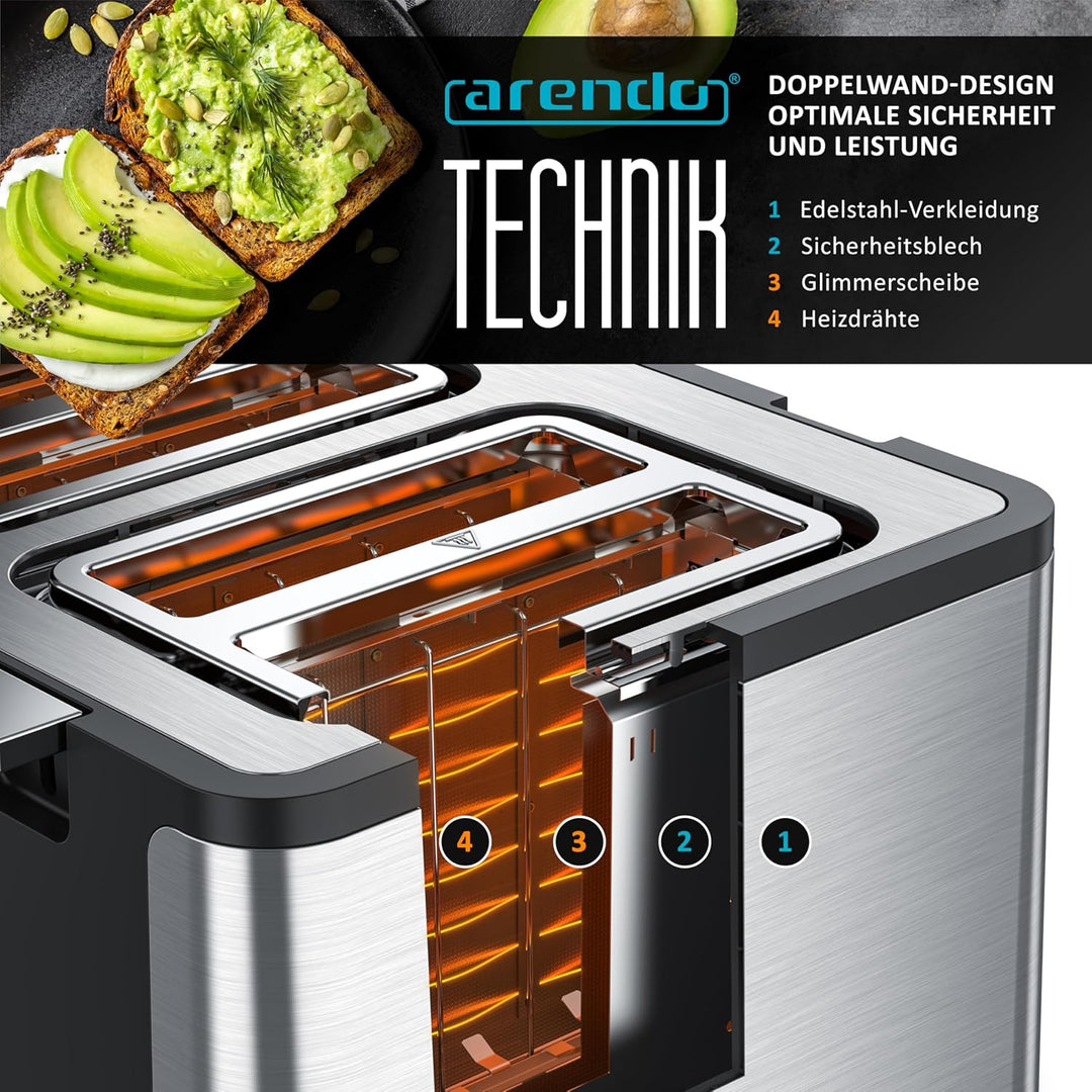Arendo - Toaster 4 Scheiben Edelstahl - mit Brötchenaufsatz - 4 Schlitze - LED Anzeige Restzeitanzei