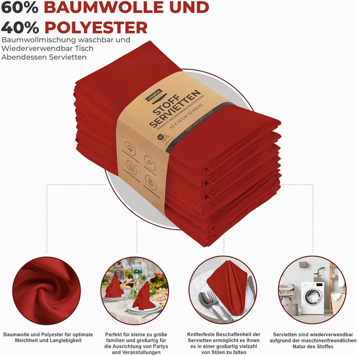 Utopia Kitchen Stoffservietten [12er Pack, Rot] 46x46 cm Waschbare Tischservietten für Hotel, Mittag