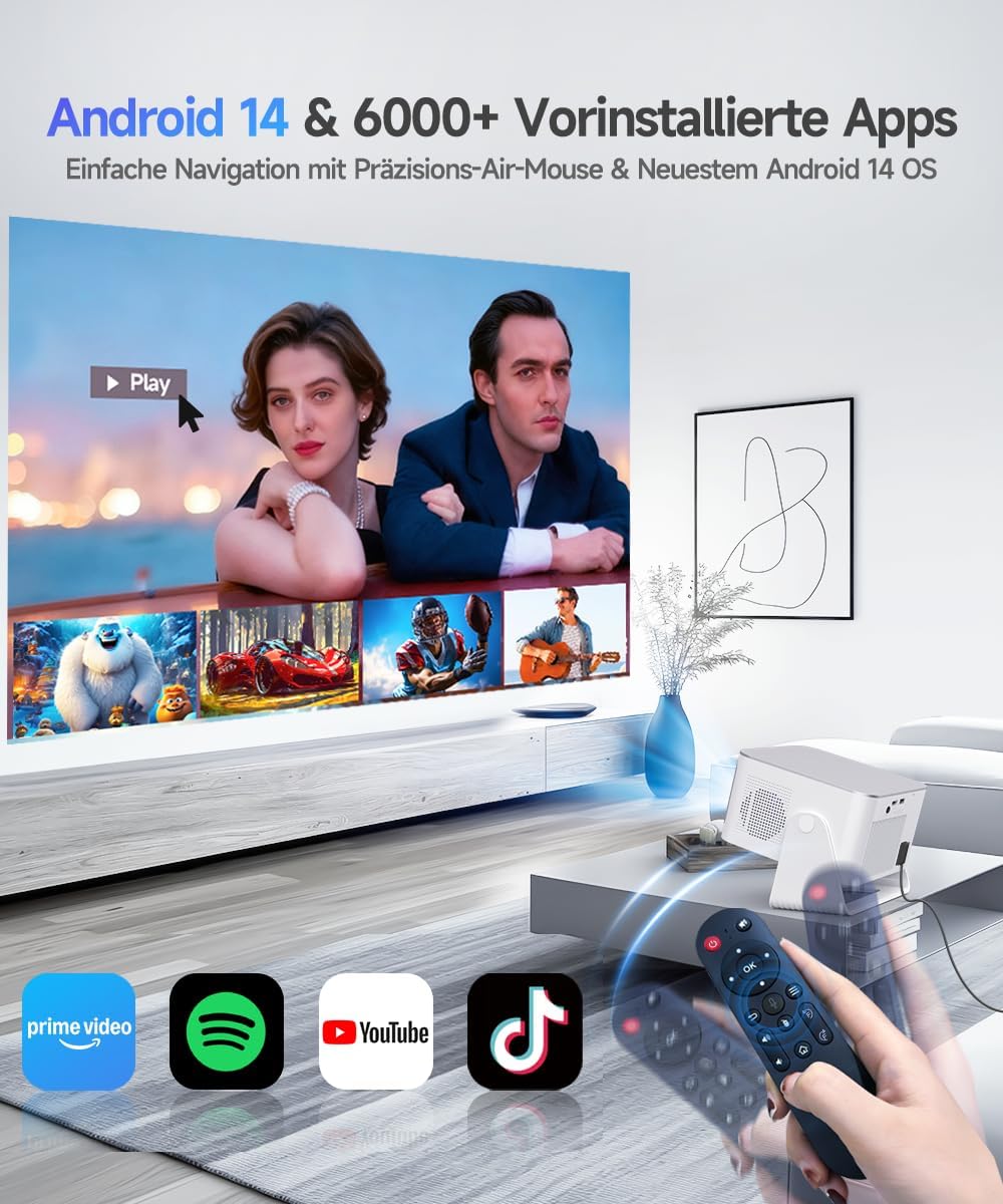 Alwtniet Mini Beamer Projektor 4K 8K Unterstützt, Full HD 1080P Smart Projector mit Android 14, WiFi