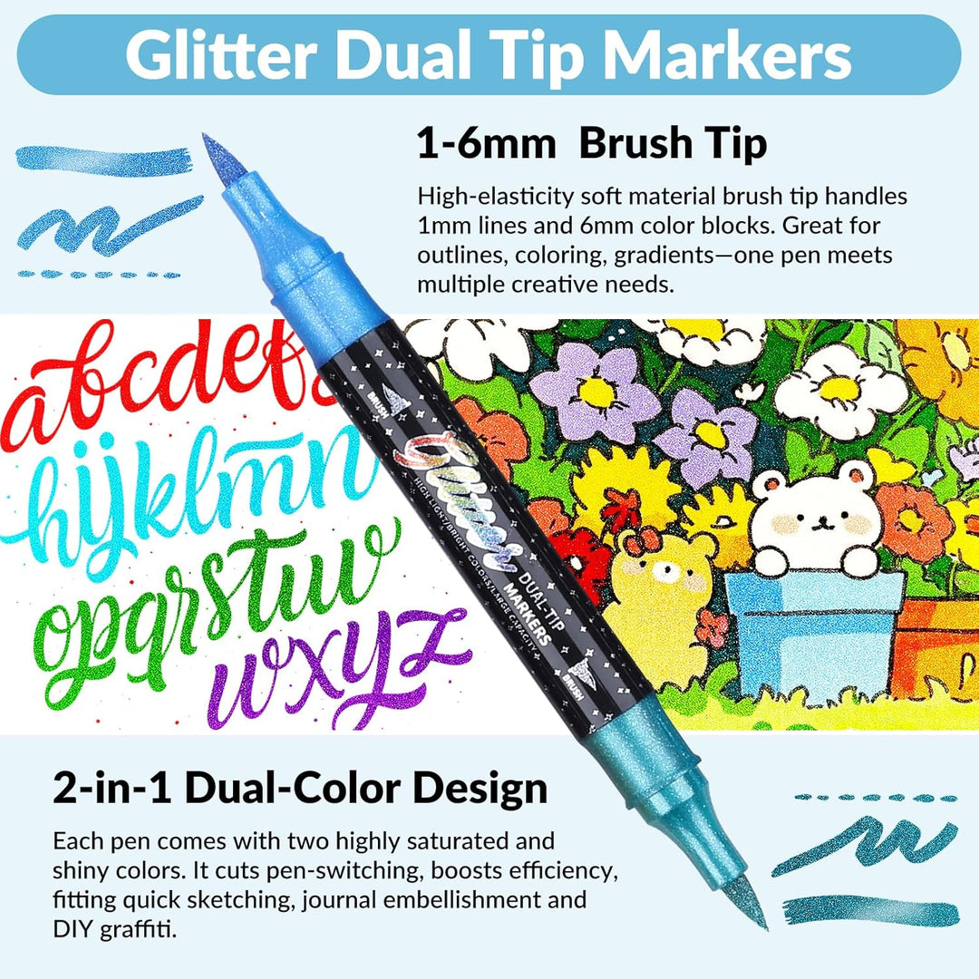 KEMYR Glitzer-Effekt-Pinsel-Marker, 96 Farben, Doppelspitze, Glitzerstifte, Set mit 48 metallischen