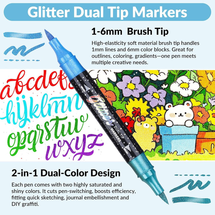 KEMYR Glitzer-Effekt-Pinsel-Marker, 96 Farben, Doppelspitze, Glitzerstifte, Set mit 48 metallischen