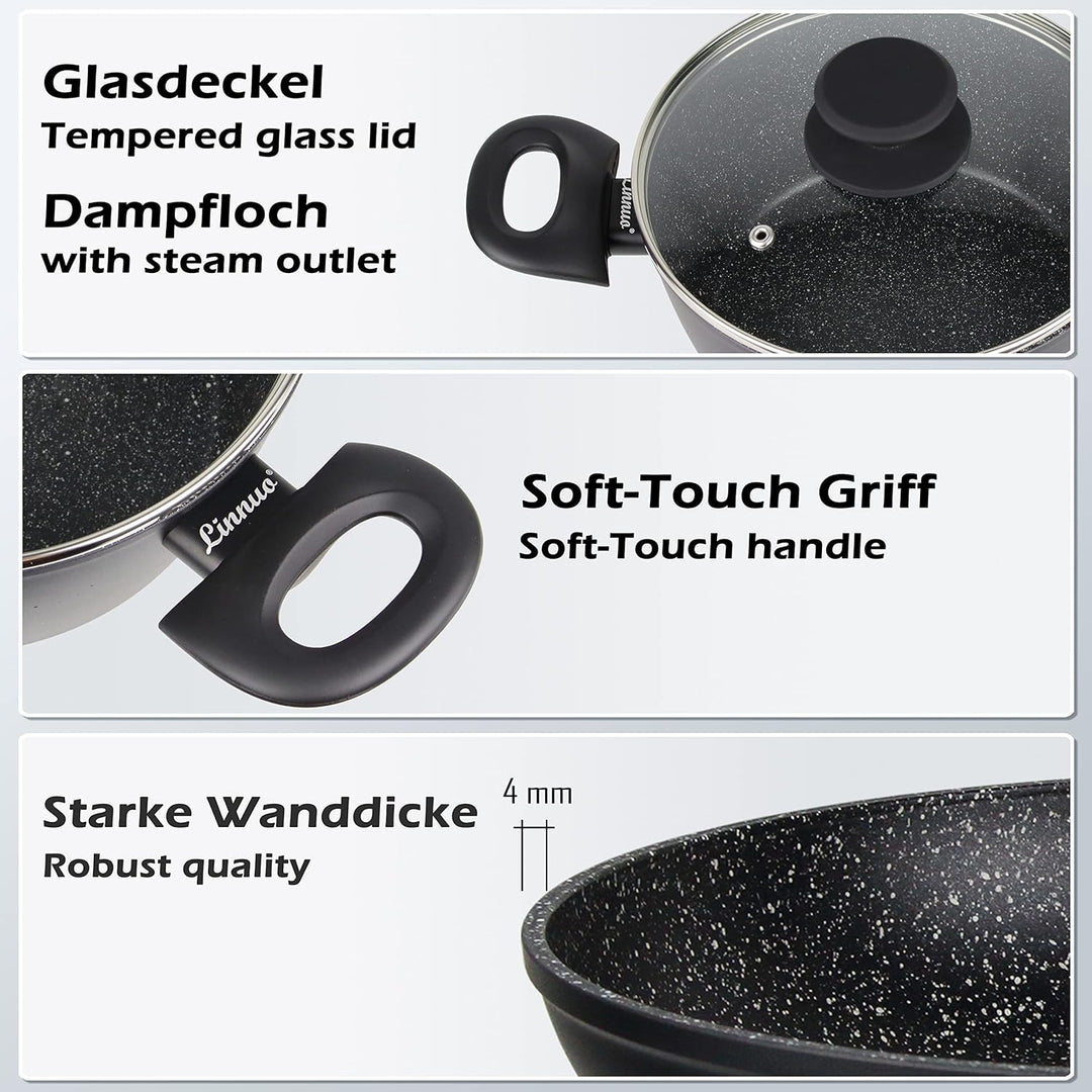 Linnuo Topfset Topf Pfannenset 7tlg - 3 Töpfe mit Glasdeckel & 1 Pfanne - Alu Kochtopf Set Marmor Ke