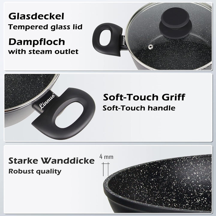 Linnuo Topfset Topf Pfannenset 7tlg - 3 Töpfe mit Glasdeckel & 1 Pfanne - Alu Kochtopf Set Marmor Ke