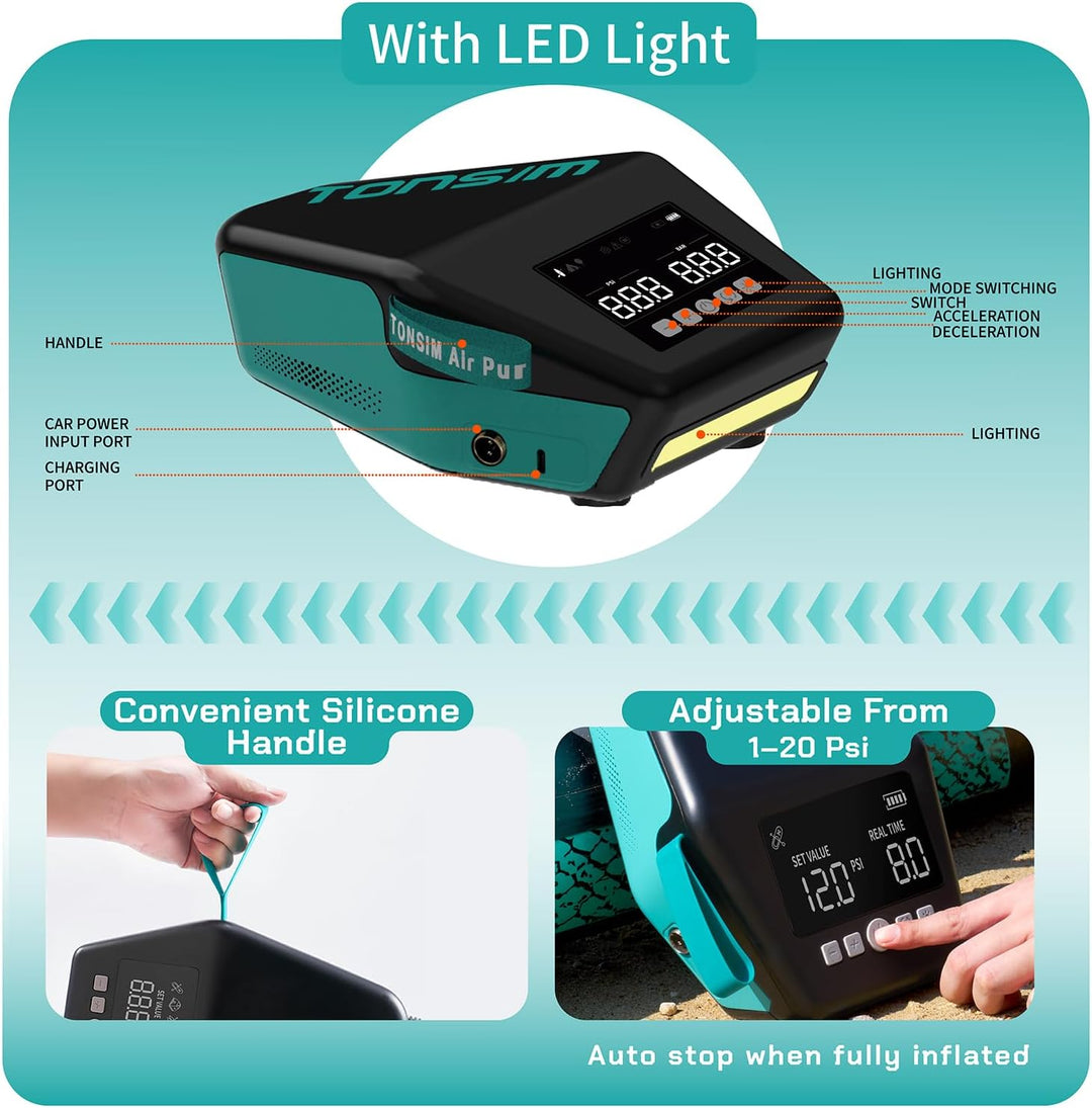 Tonsim Sup Pumpe Elektrisch mit Akku 20 PSI, Wiederaufladbare Luftpumpe, Zweistufiges Auf- und Abpum