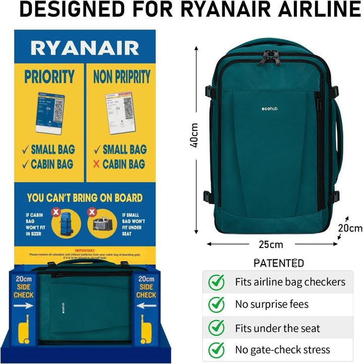 ECOHUB Rucksack 40x20x25 Ryanair Handgepäck 13 Taschen Reiserucksack Flugzeug Carry-ons Wasserdichte