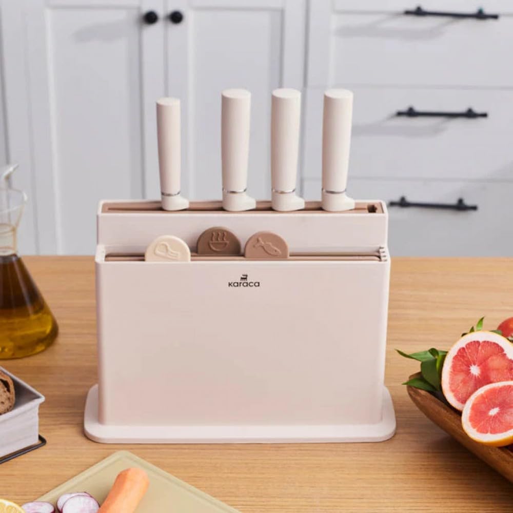 Karaca Chef’s Harmony Messer- & Schneidebrett Kunststoff-Set, 5 Scharfe Küchenmesser & 4 Hygienische