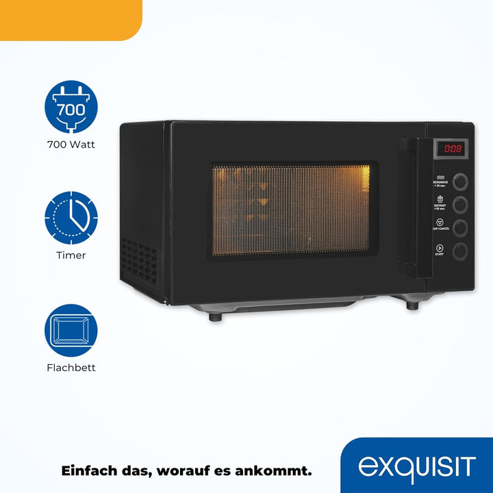 Exquisit Mikrowelle MW7020-F-030DI schwarz | Flatbed | Microwellengerät 700 Watt | Timer | 20 Liter