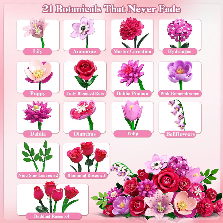 CUBIMANA Blumen Blumenstrauss Set mit LED für Erwachsene Frauen Mädchen 12+ Rosarot, Rosarot