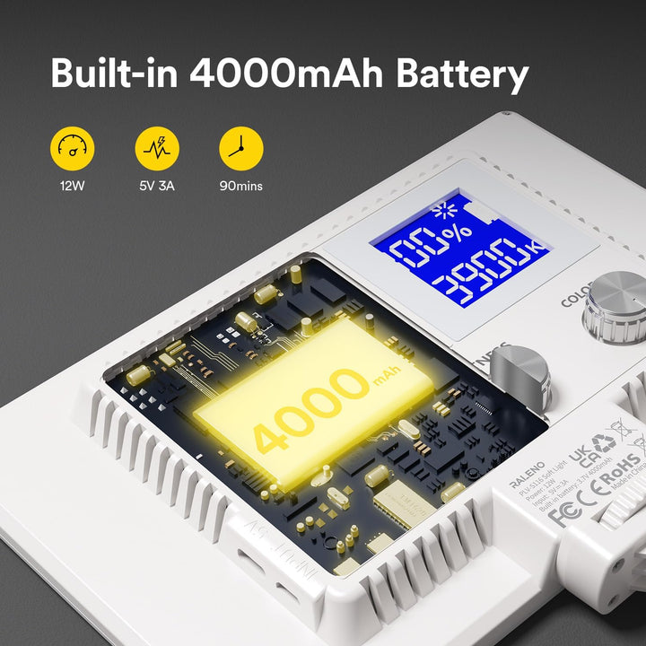RALENO LED Kamera Video Licht, Eingebauter Wiederaufladbare Batterien 3200K-5600K Dimmbarer Zweifarb