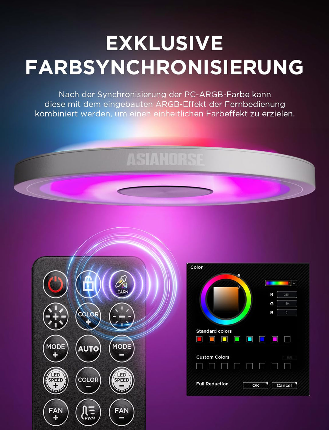 AsiaHorse ASH-S1 ARGB PWM PC Lüfter Hub Mit Controller [20 ARGB-Effekte] [Einzigartiger Farb-Lernmod