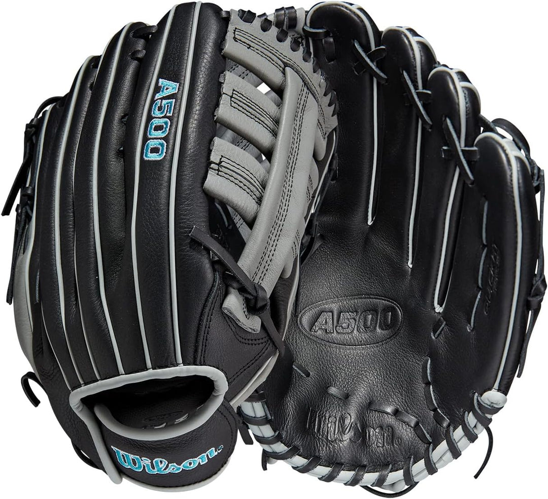 WILSON 2023 A500 Jugend-Baseballhandschuh Schwanrz/Grau/Blau 12.5" Rechte Hand Wurf, Schwanrz/Grau/B