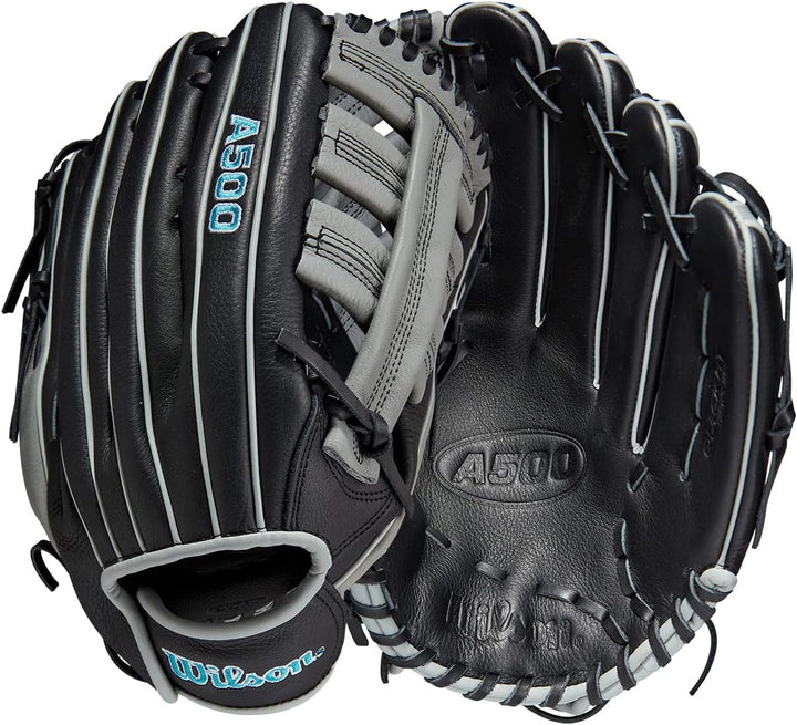WILSON 2023 A500 Jugend-Baseballhandschuh Schwanrz/Grau/Blau 12.5" Rechte Hand Wurf, Schwanrz/Grau/B