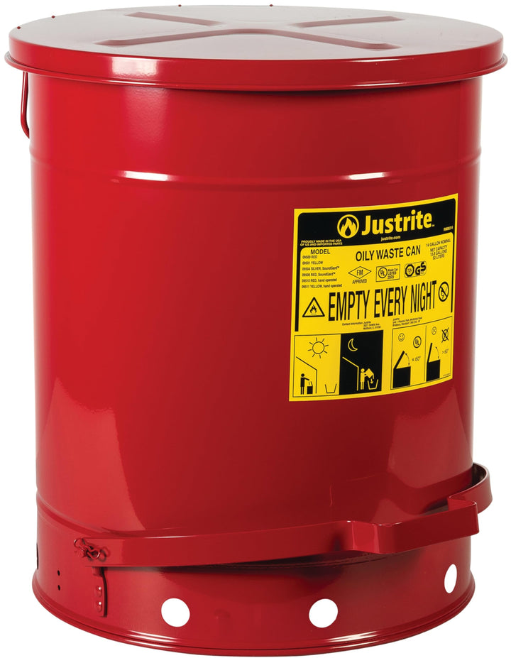 Justrite Stahlölbehälter mit fussbetätigtem Deckel, 52 L, Rot | Stahlblech, rund, mit Pedal, Volumen