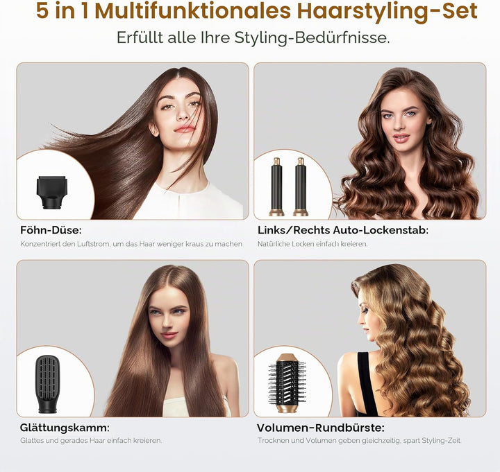 UKLISS Haarstyler 5 in 1, Warmluftbürste Set mit Rundbürstenföhn Airflow Lockenstab Automatisch Ther