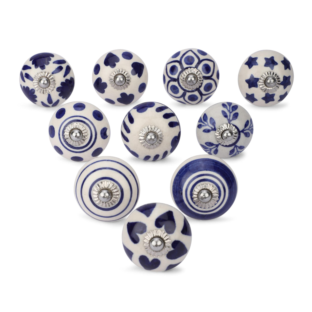 Ajuny Set of 10 Blue and White Ceramic Knobs Hand Painted Floral Design for Kitchen Cabinets Bathroo