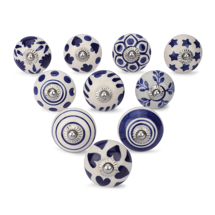 Ajuny Set of 10 Blue and White Ceramic Knobs Hand Painted Floral Design for Kitchen Cabinets Bathroo