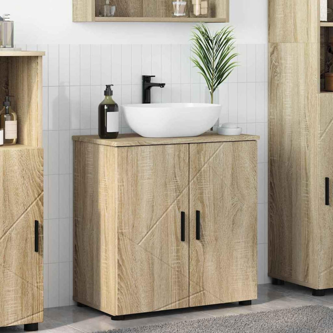 Homgoday Badezimmerschrank Sonoma-Eiche 61x35x64 cm, Holzwerkstoff &amp; Metall, für innen, 2 Türen Mode