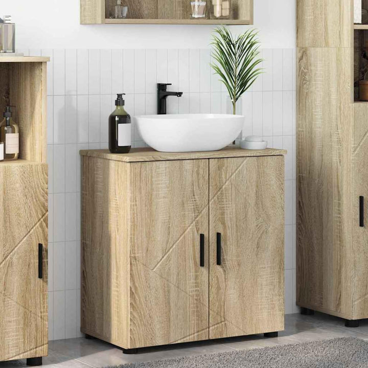 Homgoday Badezimmerschrank Sonoma-Eiche 61x35x64 cm, Holzwerkstoff &amp; Metall, für innen, 2 Türen Mode