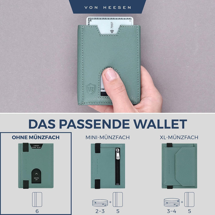 VON HEESEN Leder Slim Wallet - Geldbeutel mit RFID Schutz - Mini Geldbörse für Herren und Damen - Ka