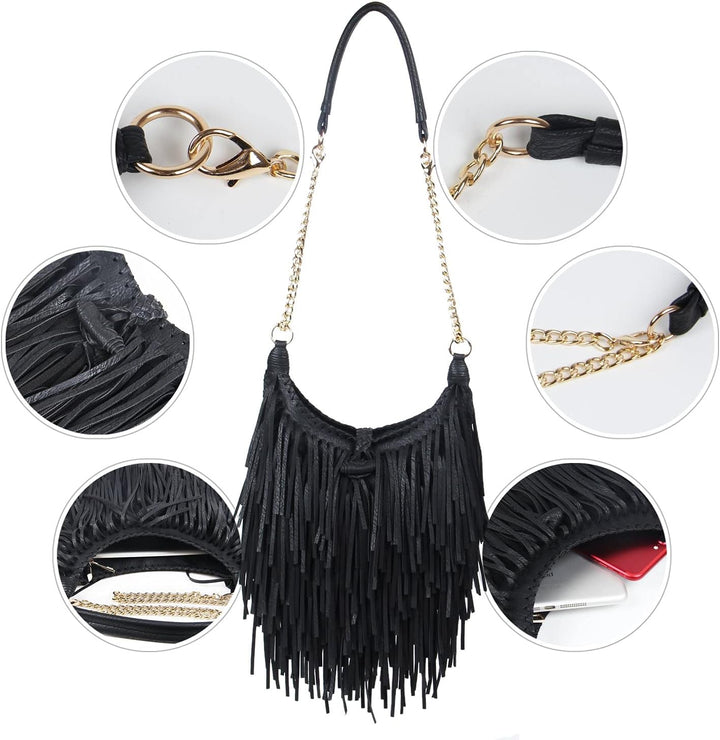 LUI SUI Damen handgefertigte Leder Franse Quaste Crossbody Hobo Schultertasche Umhängetaschen Schwar
