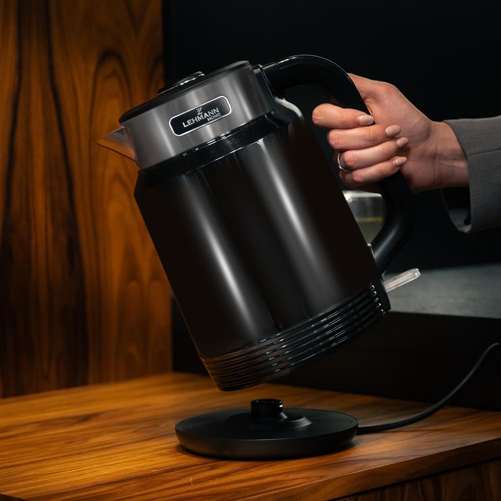 LEHMANN Elektrischer Wasserkocher Edelstahl 2L, 2200W, Schnelles Aufheizen, Doppelwand Design, Absch