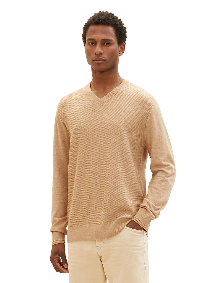 TOM TAILOR Herren Cosy Strickpullover mit V-Ausschnitt M 32722 - Beach Sand Melange, M 32722 - Beach