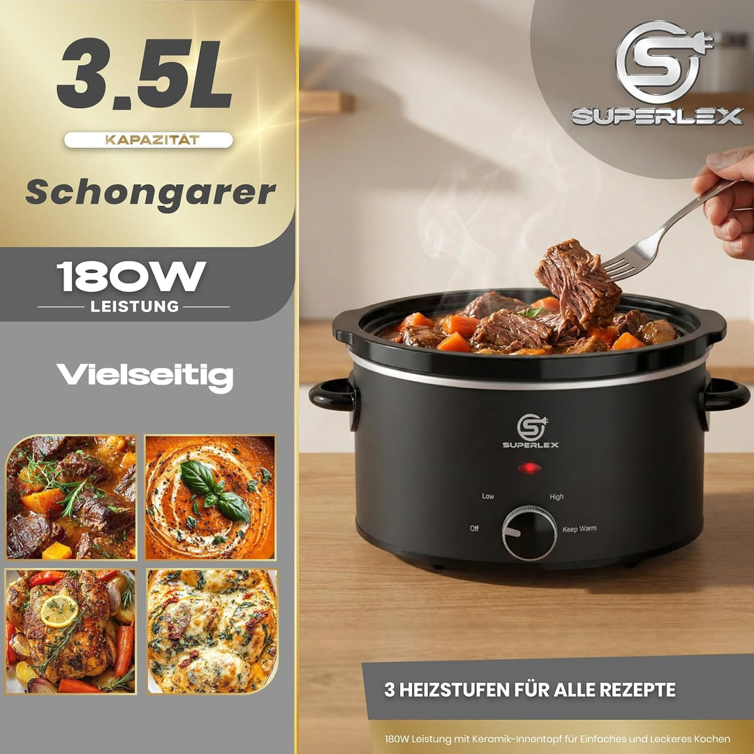 Slow Cooker 3.5L Elektrischer Schongarer Keramiktopf | Glasdeckel Temperaturstufen Warmhaltefunktion