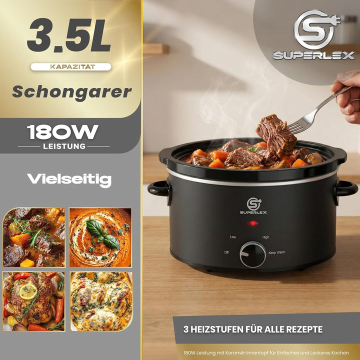 Slow Cooker 3.5L Elektrischer Schongarer Keramiktopf | Glasdeckel Temperaturstufen Warmhaltefunktion