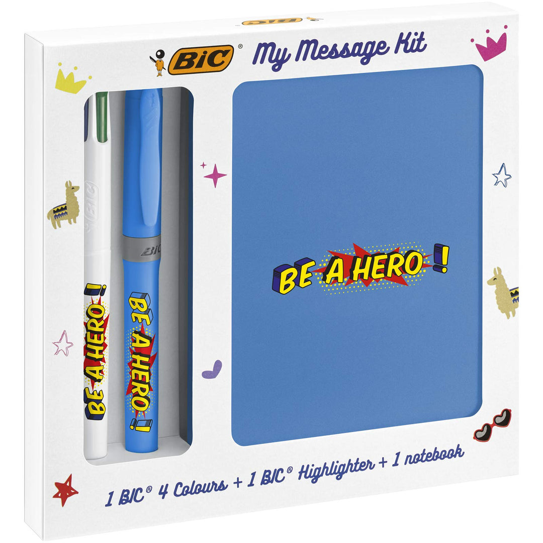 BIC 997977 Schreibwaren Set: 1 4-Farben-Kugelschreiber, 1 Notizbuch und 1 Textmarker in Pink, My Mes