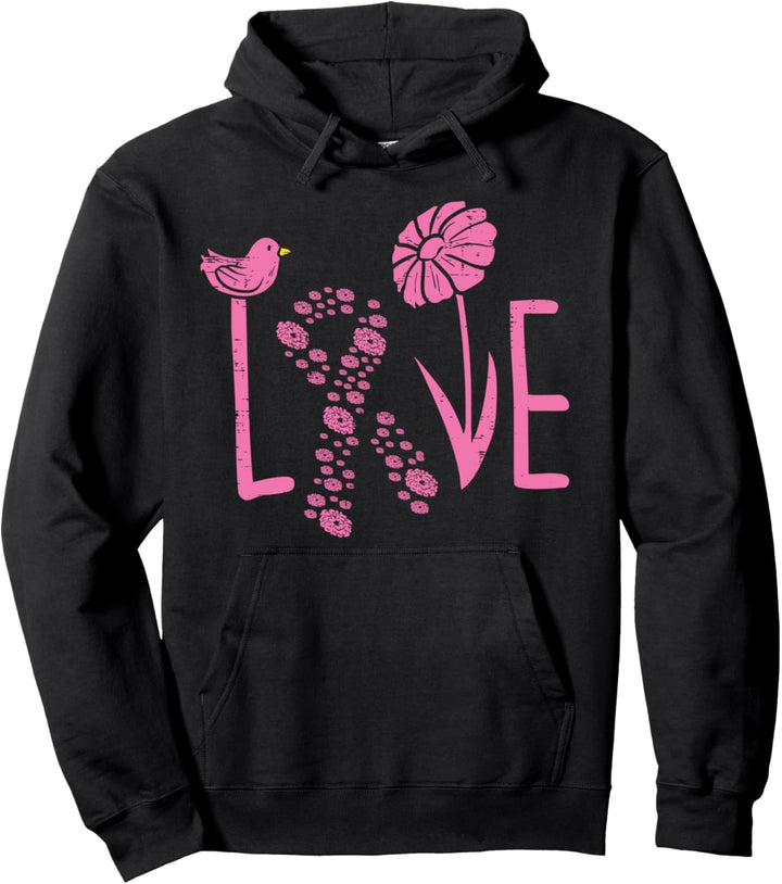 Love Pink Ribbon Flower Daisy Breast Cancer Awareness Gift Pullover Hoodie