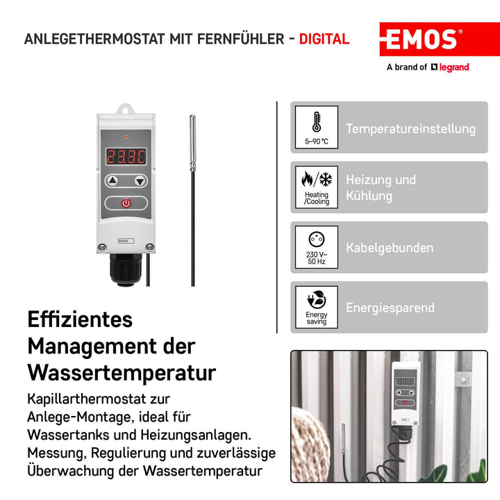 EMOS P5684 Anlegethermostat mit Fernfühler, einstellbarer Schaltempfindlichkeit und digitalem Displa