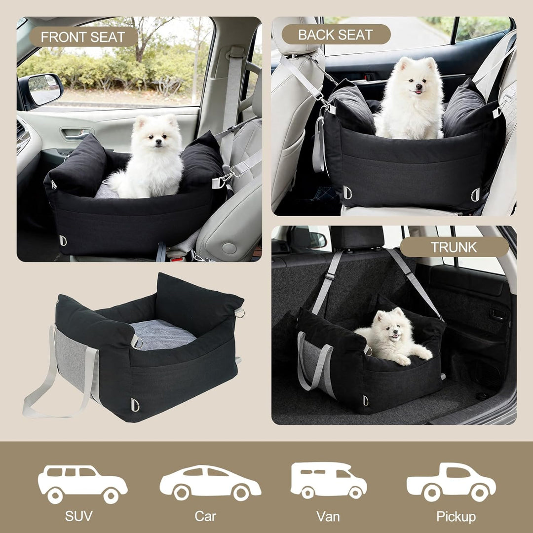 Hunde Autositz für kleine Hunde, waschbarer mit Aufbewahrungstaschen, ansteckbarer Sicherheitsleine