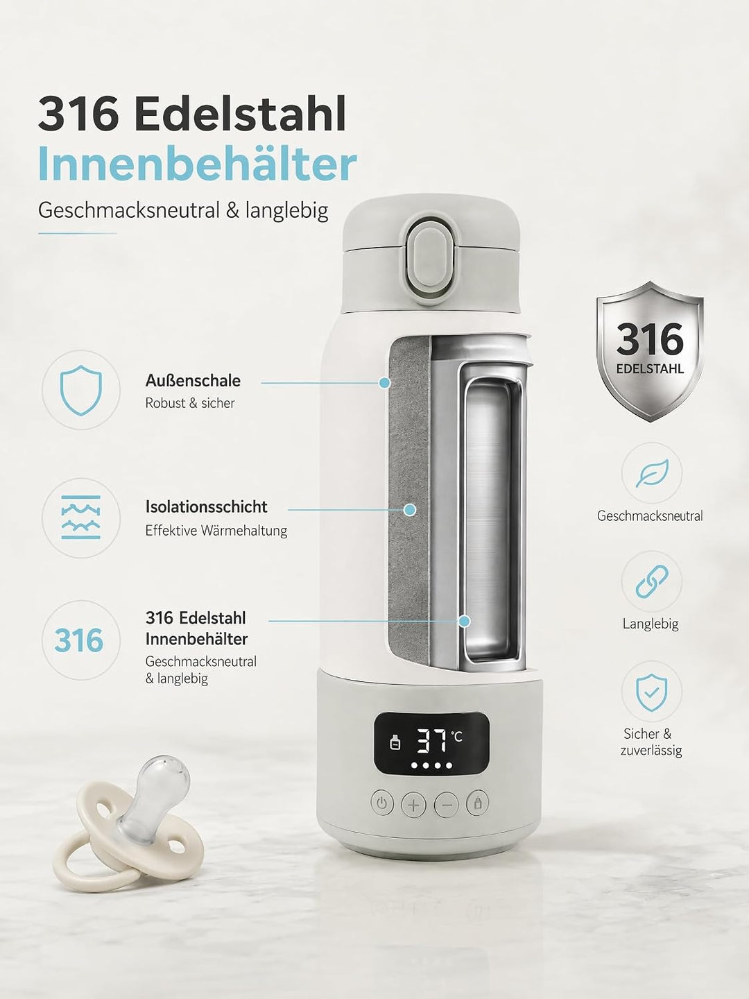 Tragbarer Flaschenwärmer Baby für unterwegs,500ml Kapazität,100W Schnellwärmung,24-Stunden-Konstantt