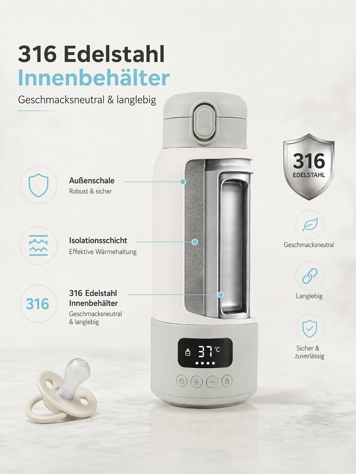 Tragbarer Flaschenwärmer Baby für unterwegs,500ml Kapazität,100W Schnellwärmung,24-Stunden-Konstantt