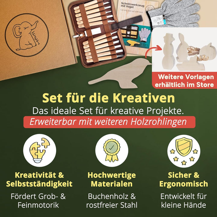 Eli® Schnitzset für Kinder (17-teilig) inkl. Schnitzanleitung - Rohling aus Holz Vogel - 12 hochwert