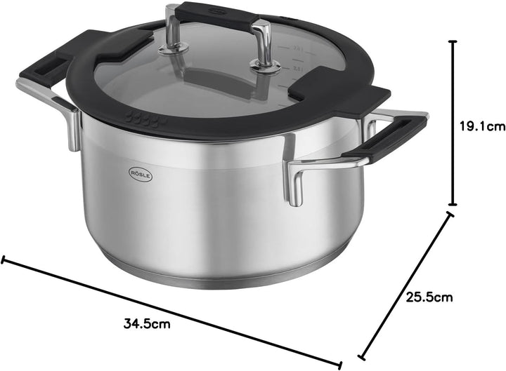 RÖSLE SILENCE PRO Kochtopf, Hochwertiger Universaltopf aus Edelstahl 18/10, 24 cm, Glasdeckel, Innen