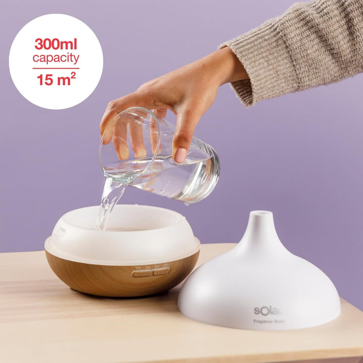 Solac – Luftbefeuchter Fragance Quiet 10W | 300-ml-Tank | LED in 7 Farben | 10-Stunden-Timer | 2 Neb