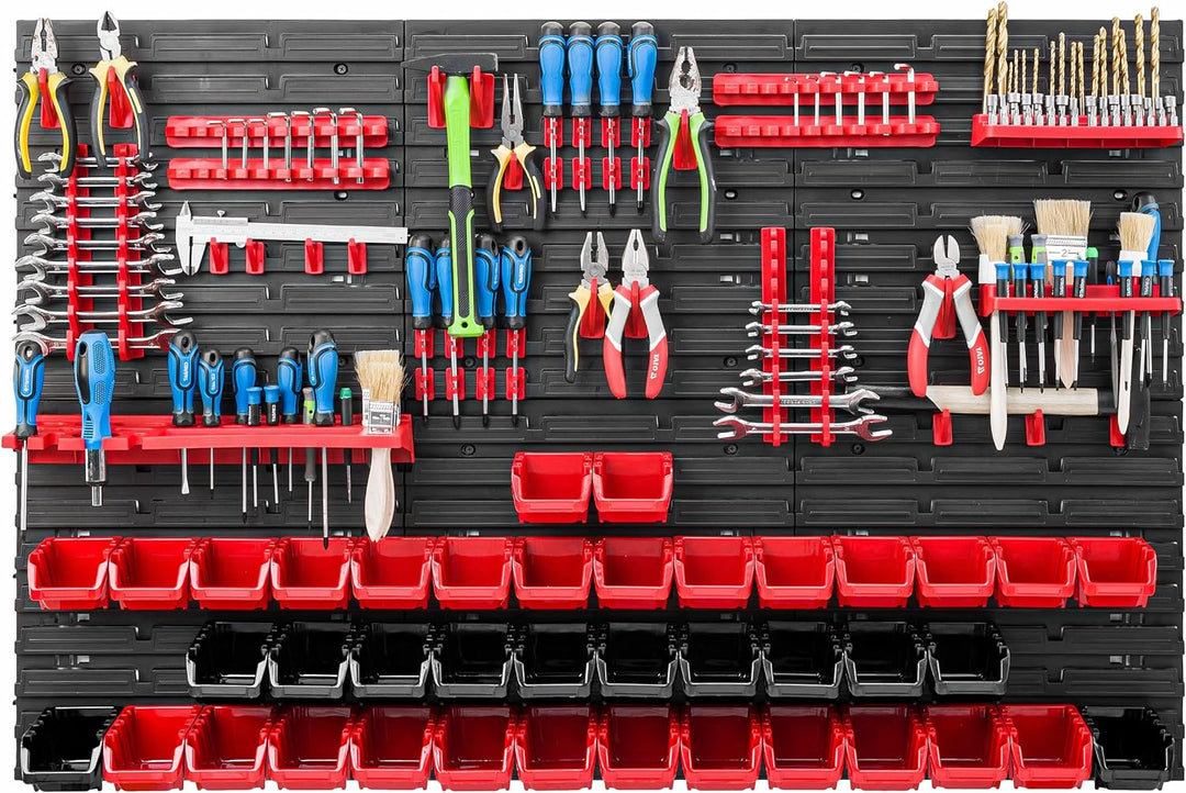 Lagersystem Werkstattregal | 117 x 78 cm | 40 stck. Box | Wandregal mit Werkzeughalterungen und Stap