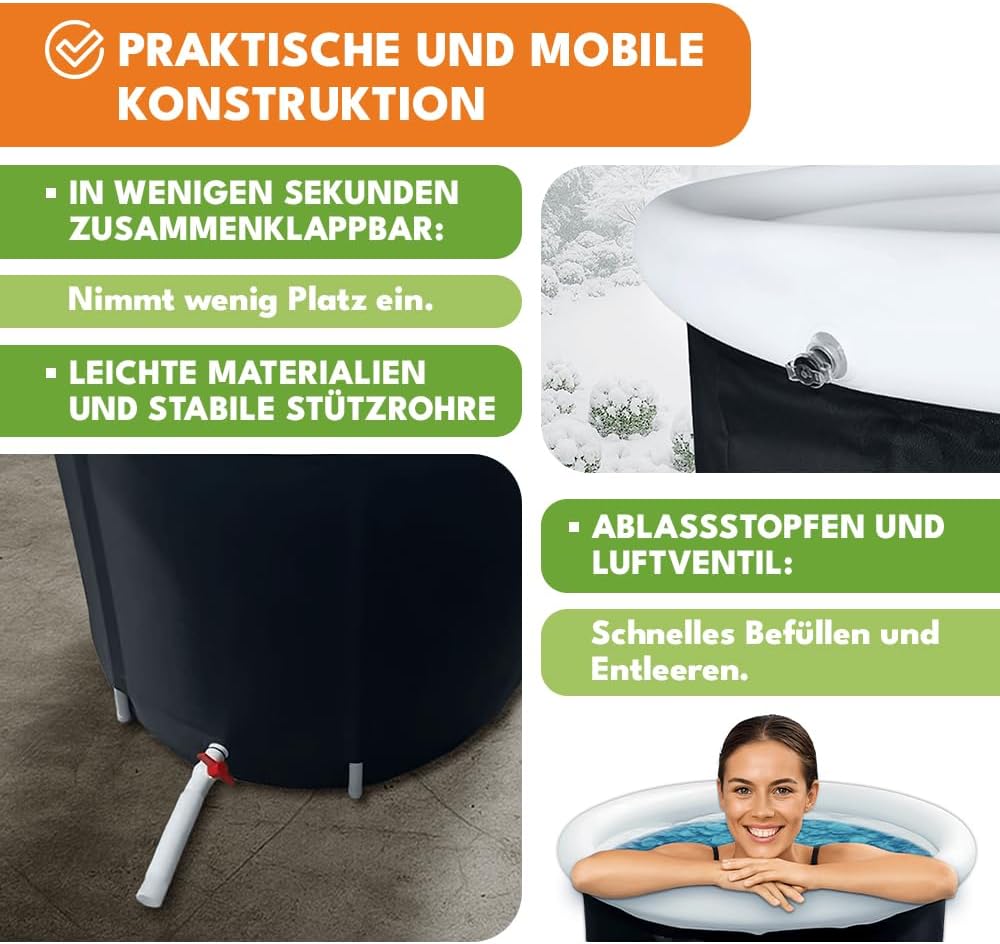 Eistonne 320 L – Faltbare Badewanne Erwachsene – Outdoor Kaltbad Wanne mit Pumpe, Abdeckung, Ventil
