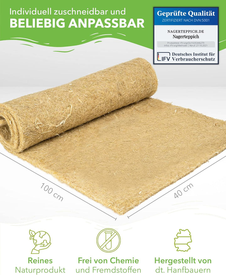 Nagerteppich aus 100% Hanf, 100 x 40cm, 5mm dick, Hanfteppich für alle Kleintiere, Hanfmatte Nagerma