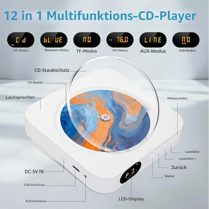 Liphier Tragbarer Bluetooth-Musik-CD-Player – Desktop-Multifunktionaler Kpop-CD-Player mit HiFi-Soun