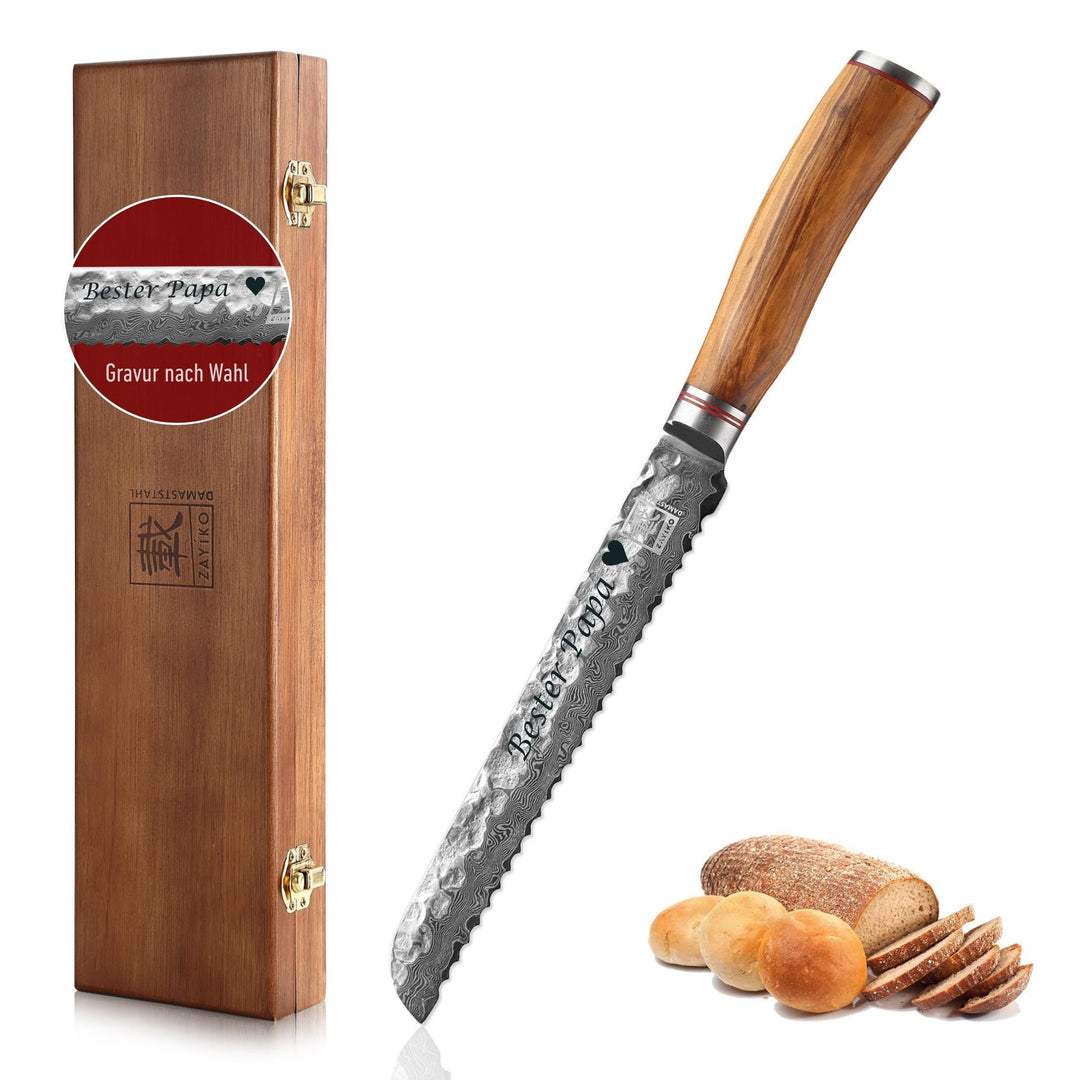 zayiko Minami Premium Brotmesser mit Gravur – Personalisiertes Damastmesser, 20cm Wellenschliff-Klin