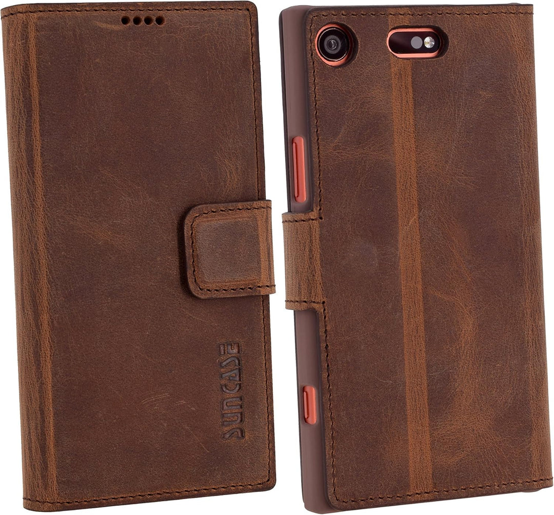 Suncase Book-Style für Sony Xperia XZ1 Compact (Slim-Fit) Ledertasche Leder Tasche Handytasche Schut