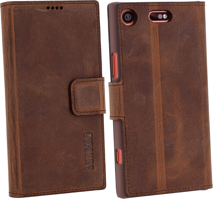 Suncase Book-Style für Sony Xperia XZ1 Compact (Slim-Fit) Ledertasche Leder Tasche Handytasche Schut