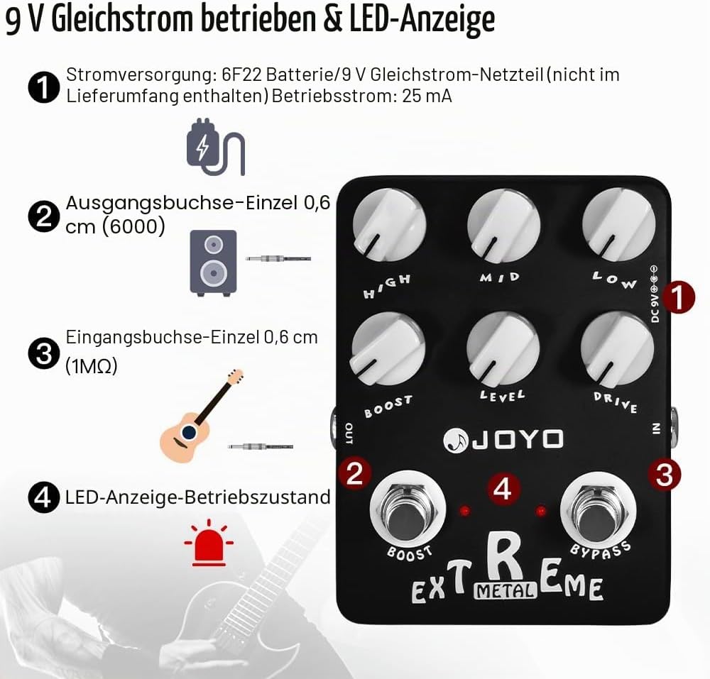 JOYO Metal Distortion Pedal mit 3-Band-EQ und Low-Mid-High Gain Boost für E-Gitarren-Effekt – Bypass