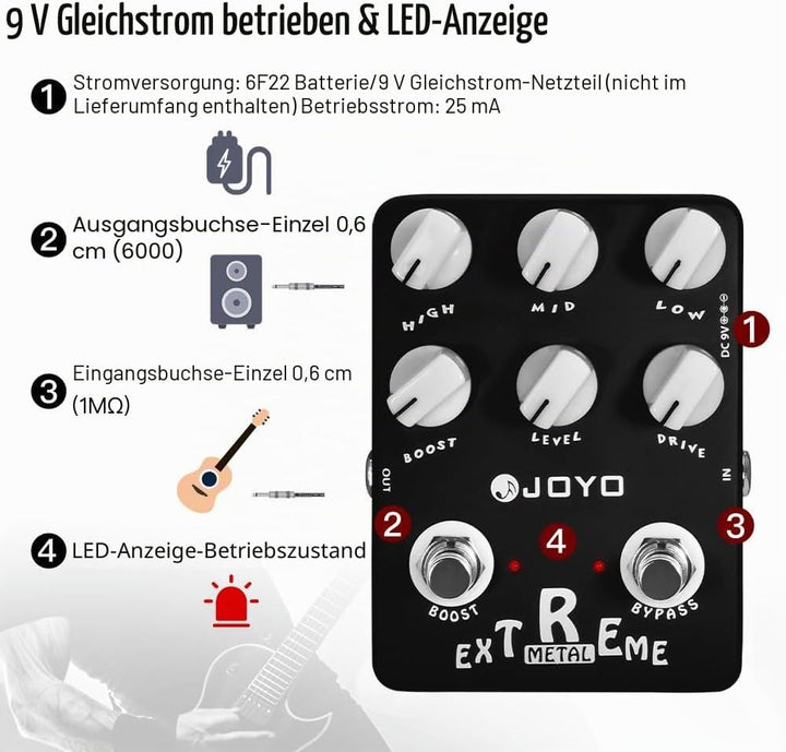 JOYO Metal Distortion Pedal mit 3-Band-EQ und Low-Mid-High Gain Boost für E-Gitarren-Effekt – Bypass